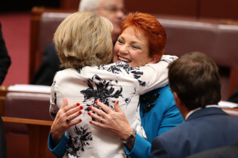 Michaelia Cash, Minister for Women, hugs Senator Pauline Hanson